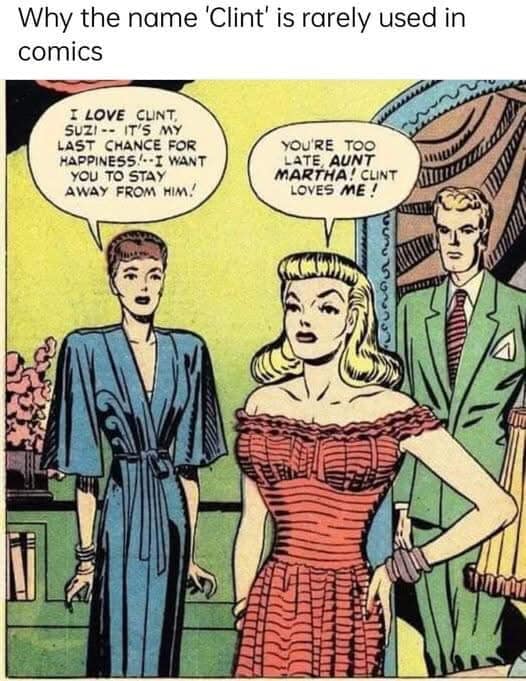 A vintage comic panel where the unfortunate kerning makes the names "Clint" and "Aunt" look like a curse word.