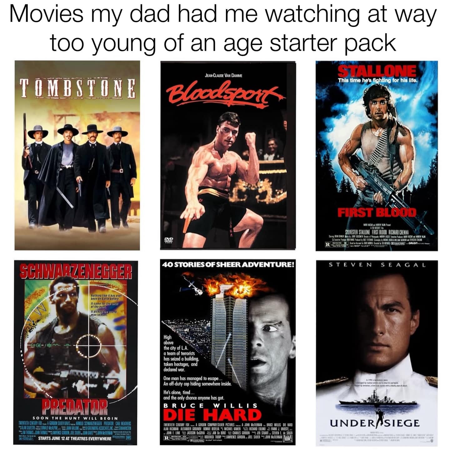 A "starter pack" meme showing classic action movies that dads made their kids watch.