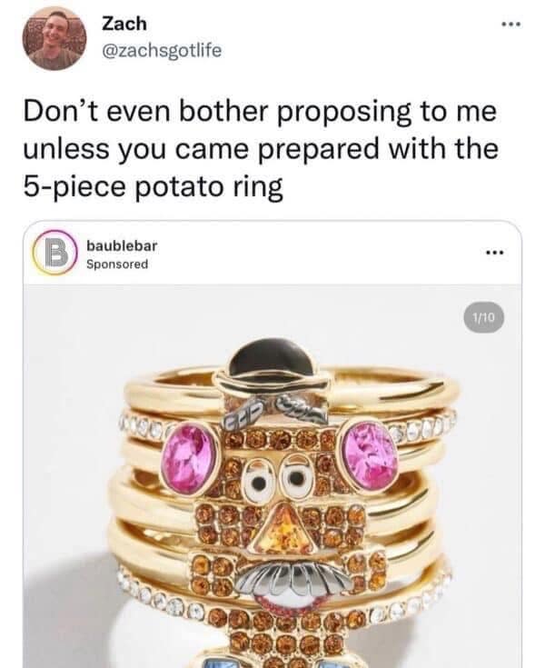 A tweet joking about wanting a Mr. Potato Head-themed 5-piece ring set for a marriage proposal.