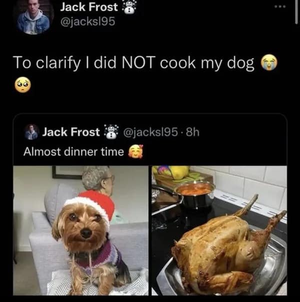 A funny tweet where a man has to clarify that he did not cook his cute dog for dinner.