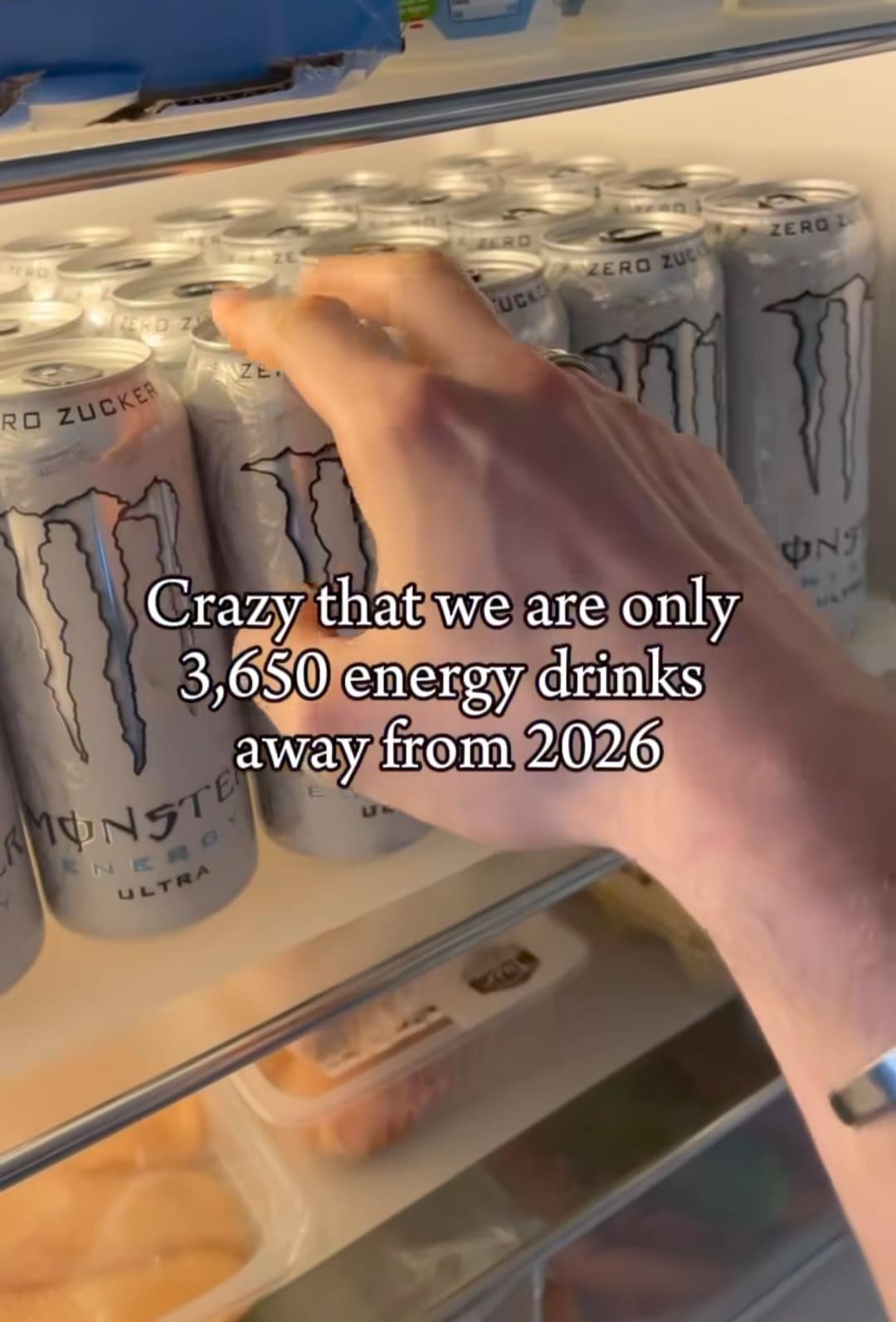 : Funny meme showing a fridge full of Monster Energy drinks counting down to 2026.