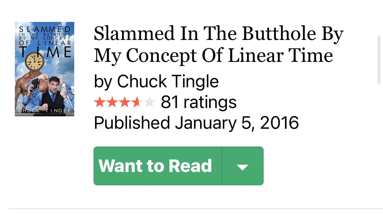 A screenshot of the absurdly titled book "Slammed In The Butthole By My Concept Of Linear Time."