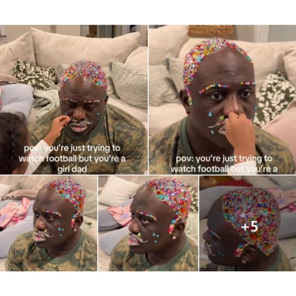 A "girl dad" getting his bald head and face covered in colorful sprinkles by his daughter