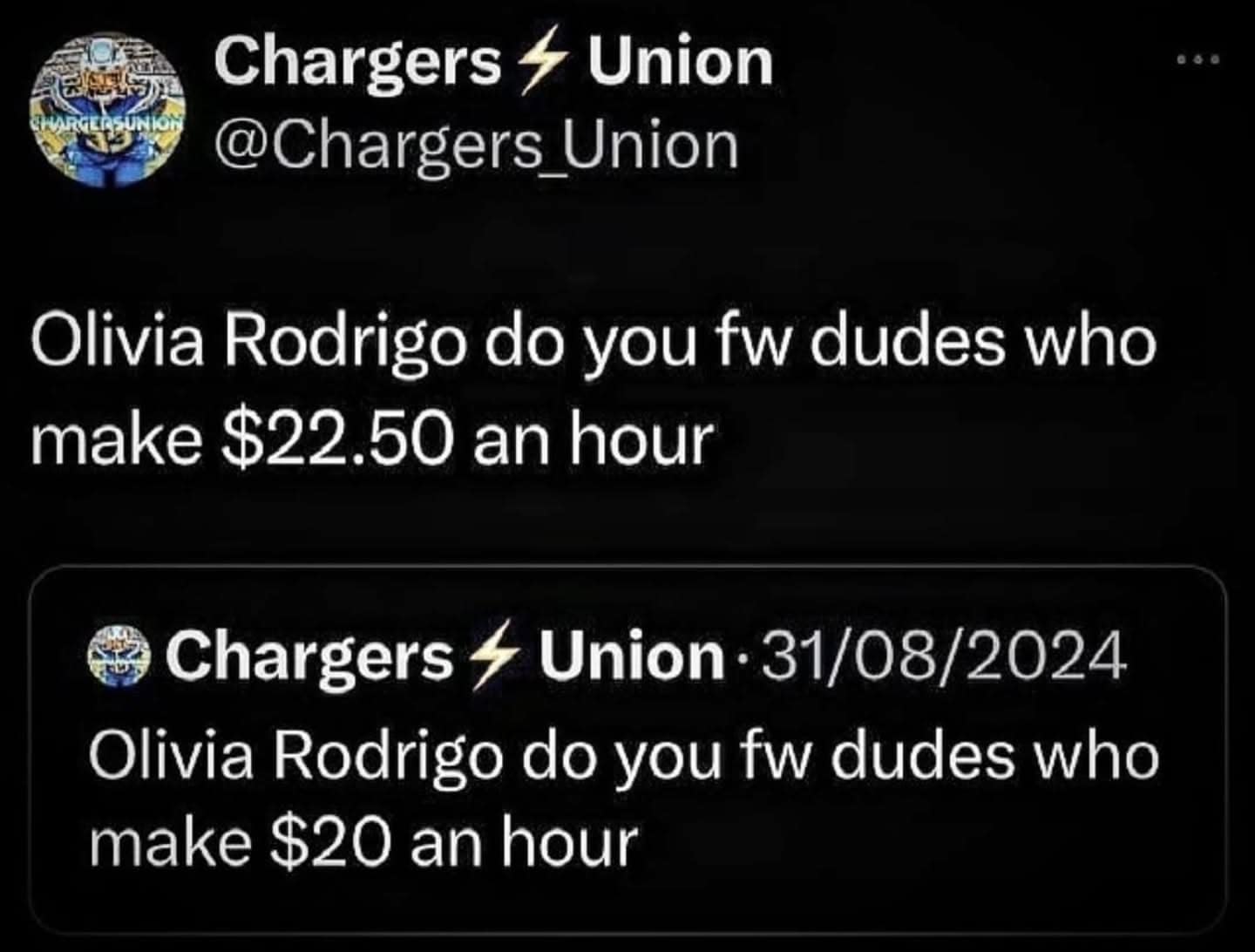 A funny tweet showing someone updating their hourly wage while still trying to get Olivia Rodrigo's attention.