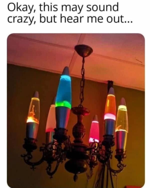 A funny picture of a creative chandelier made out of multiple colorful lava lamps.