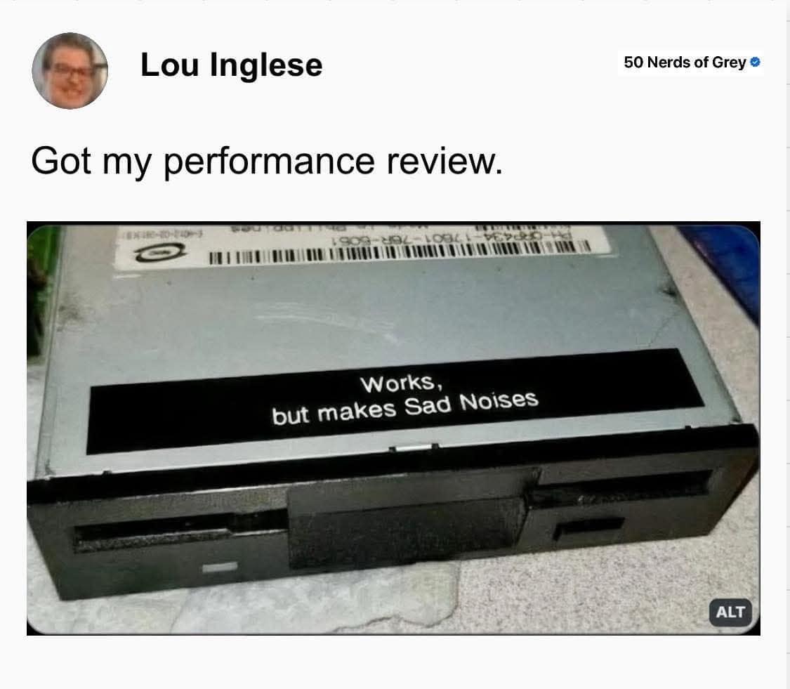 A funny meme comparing a work performance review to a floppy disk that "Works, but makes Sad Noises."
