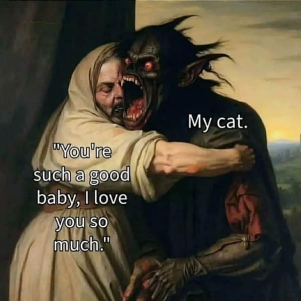 A classical art meme of a woman hugging a ferocious demon, representing a person loving their demonic cat.