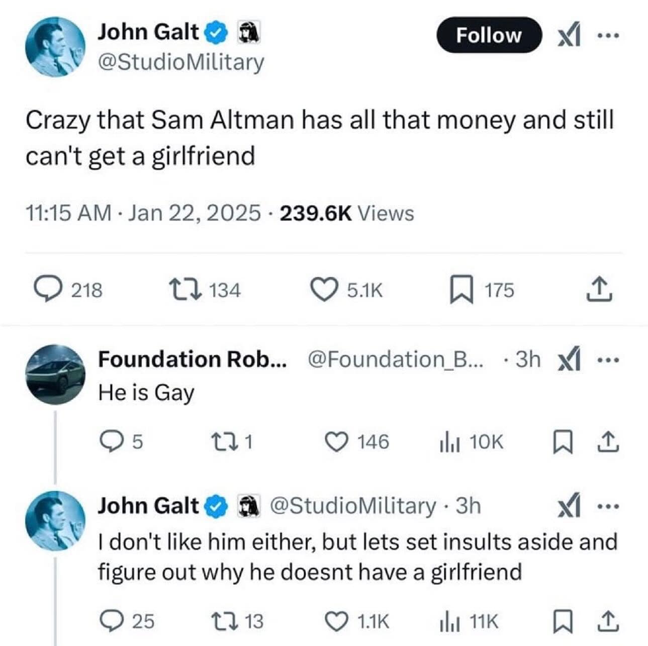 A funny tweet exchange where a person refuses to believe that Sam Altman is gay.