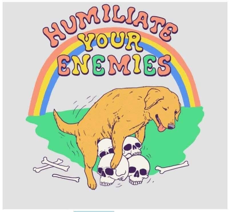 A funny and aggressive illustration of a dog peeing on a pile of skulls under a rainbow.