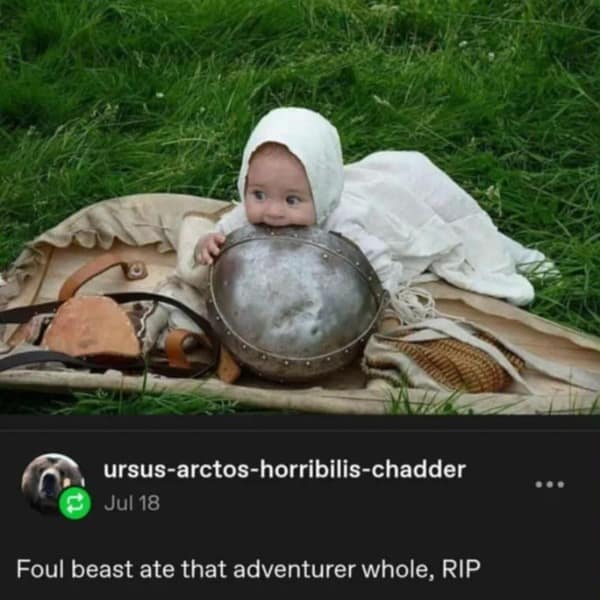 A funny pic of a baby in medieval gear with a comment saying it's a foul beast.
