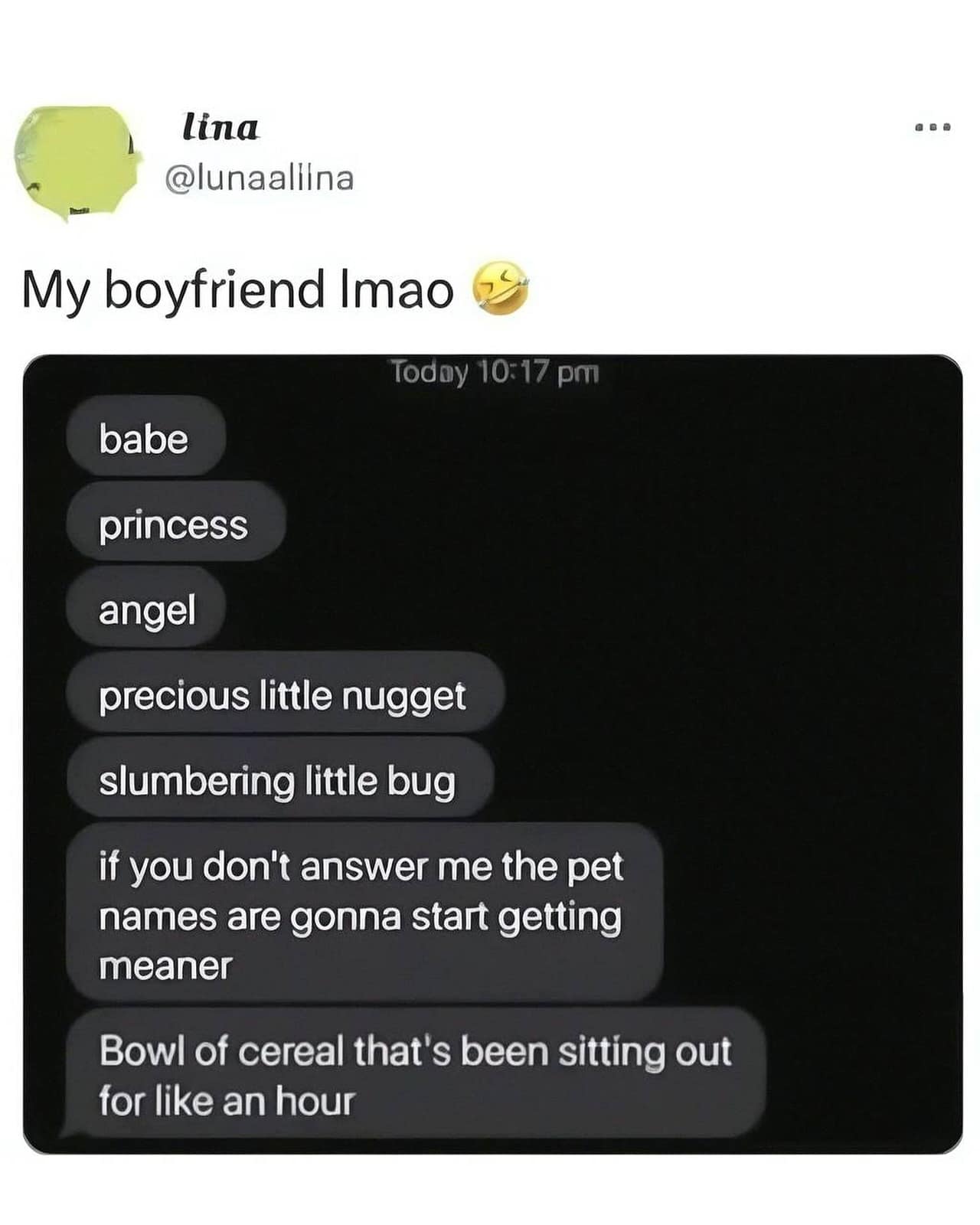 A funny text exchange where a boyfriend's pet names for his girlfriend get progressively meaner.