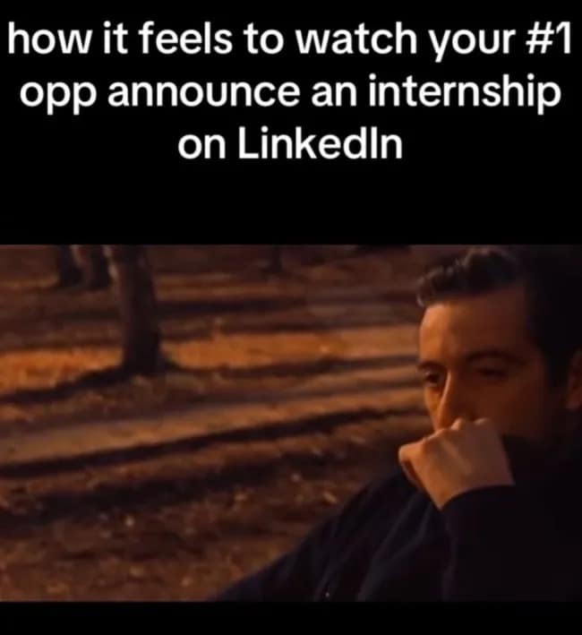 Funny Godfather meme depicting the pain of seeing your rival announce an internship on LinkedIn