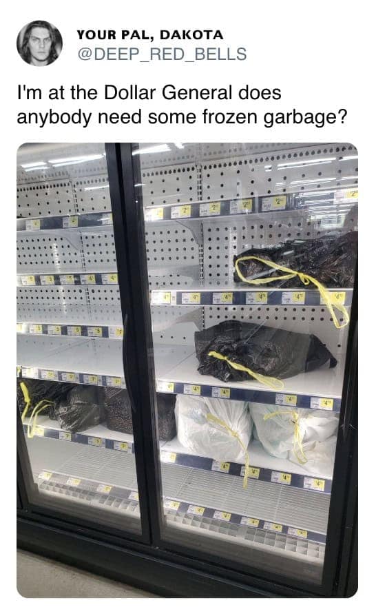 A funny tweet from a person at Dollar General offering to buy "frozen garbage" for friends.