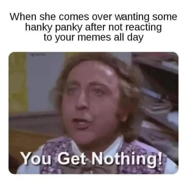 A Willy Wonka "You Get Nothing" meme about not reacting to your partner's memes.