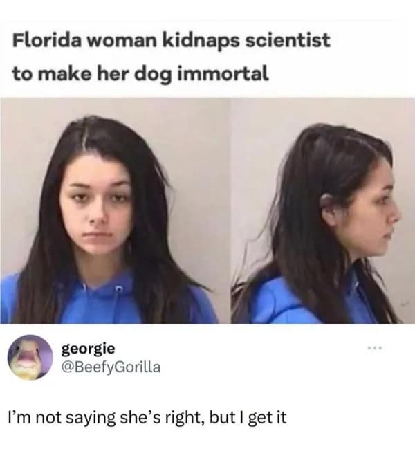 Florida woman's mugshot after kidnapping a scientist to make her dog immortal; comment says "I get it."