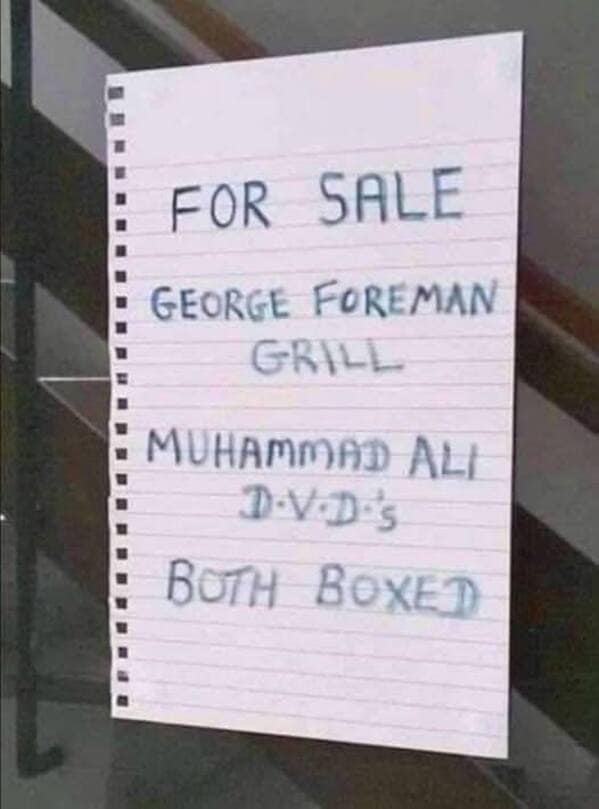 A for-sale sign with a clever pun about a George Foreman grill and Muhammad Ali DVDs.