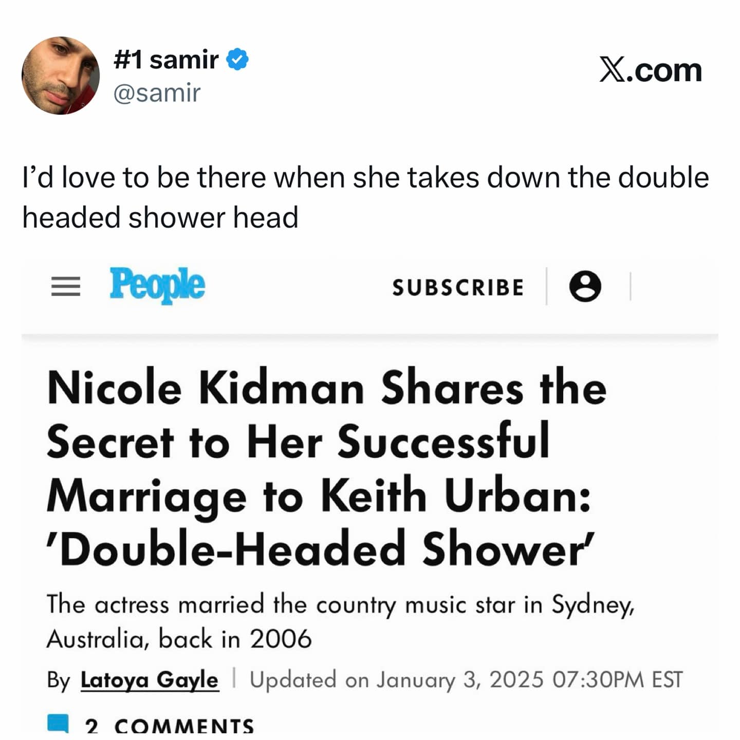 A funny tweet that intentionally misinterprets a headline about Nicole Kidman's "double-headed shower" in a dirty way.