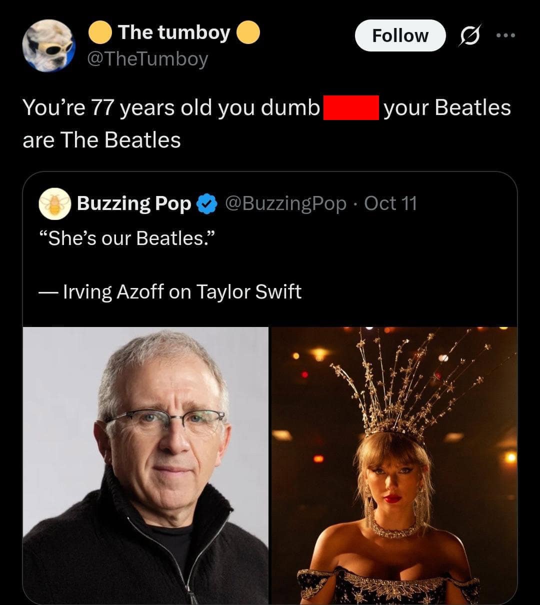A funny tweet clapping back at someone for comparing Taylor Swift to The Beatles.