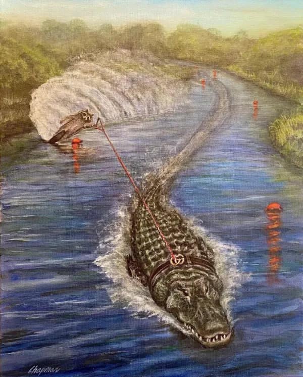 A surreal painting of an alligator wearing a Gucci harness pulling a squirrel on water skis.