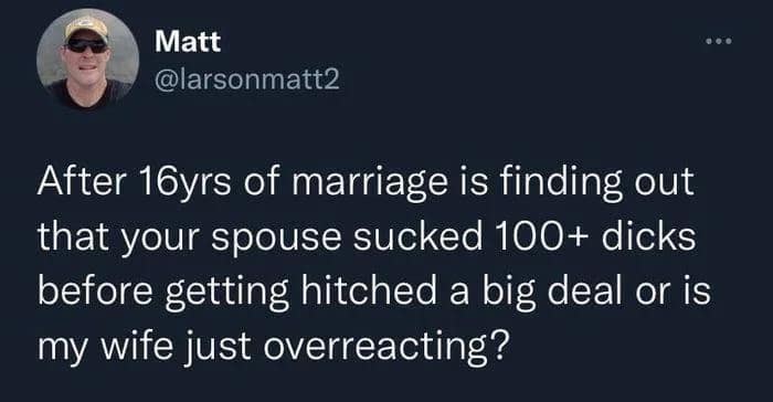 Funny tweet where a husband twists a question about past partners, joking about his wife's reaction.