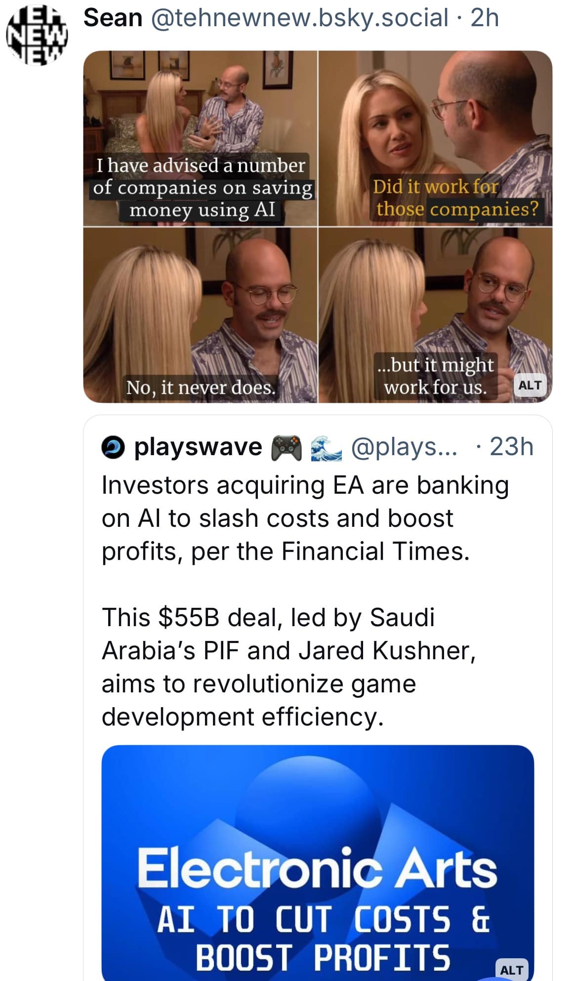 An Arrested Development meme with Tobias Fünke used to critique investors using AI to cut costs.