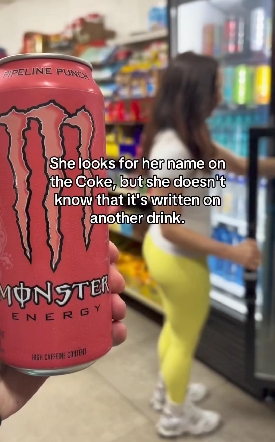 A funny meme about a girl's name being written on a Monster Energy drink can.