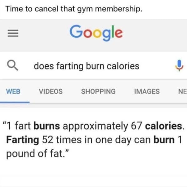 A funny pic of a fake Google search claiming that farting burns 67 calories.