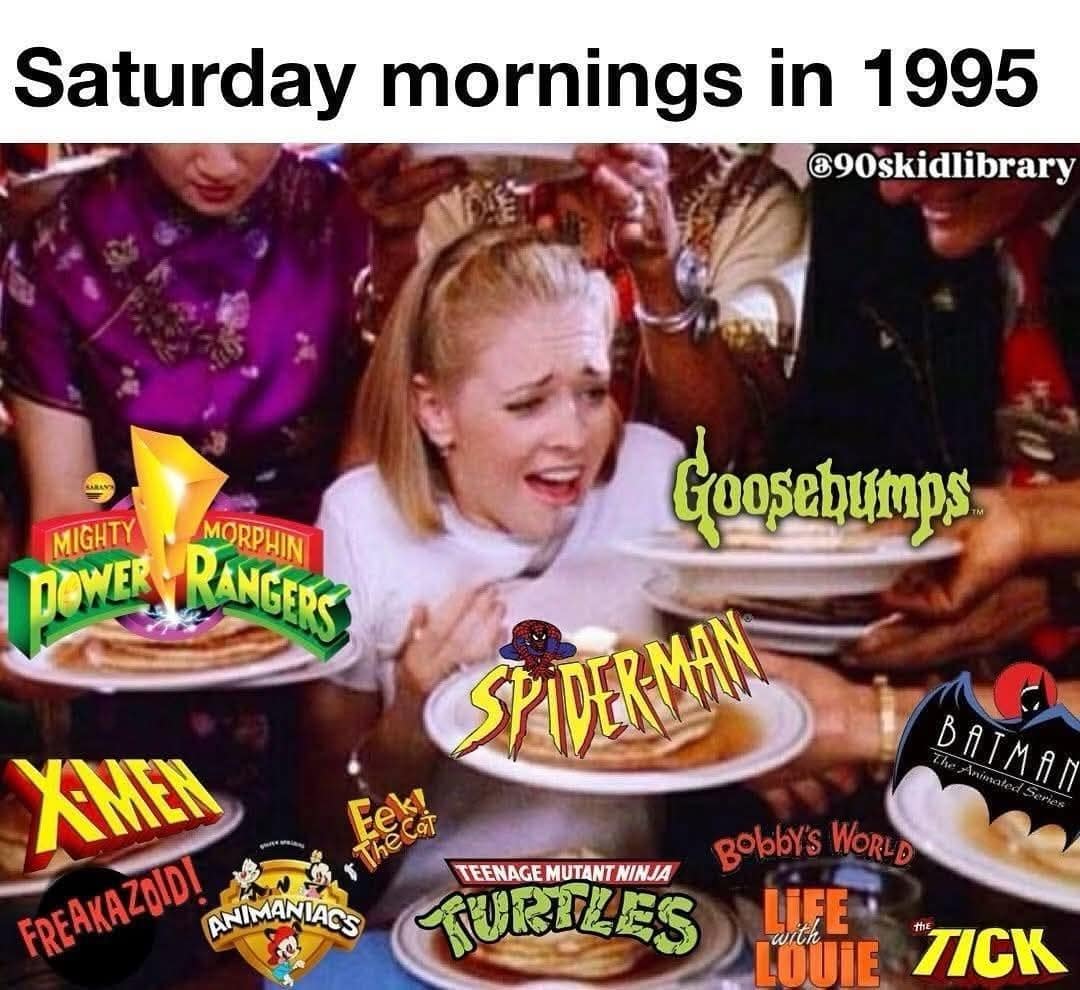 Nostalgic meme showing Sabrina the Teenage Witch overwhelmed by plates representing 90s Saturday morning cartoons.