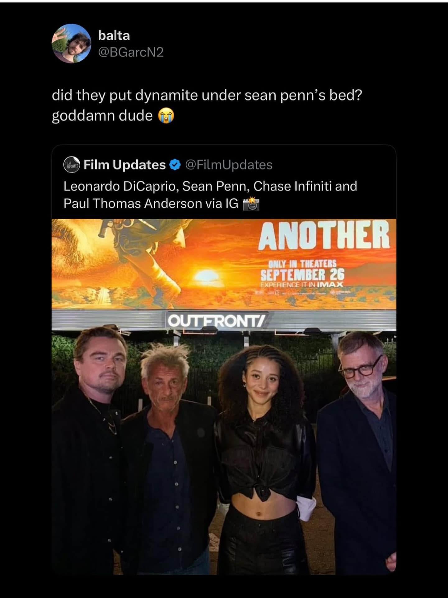 A funny tweet reacting to a photo of Sean Penn looking disheveled next to Leonardo DiCaprio.