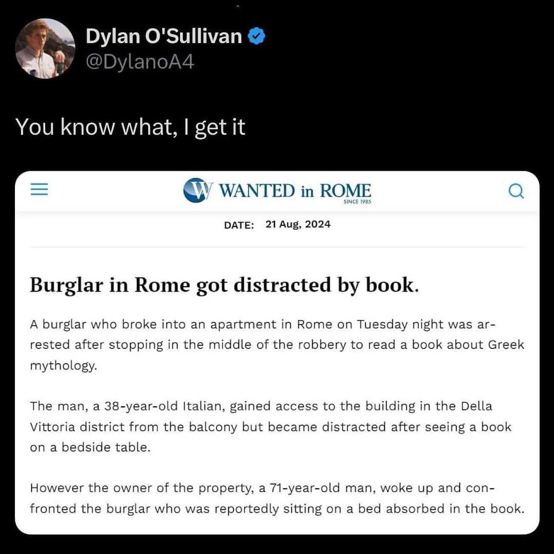 A funny news headline about a burglar who was caught because he stopped to read a book.