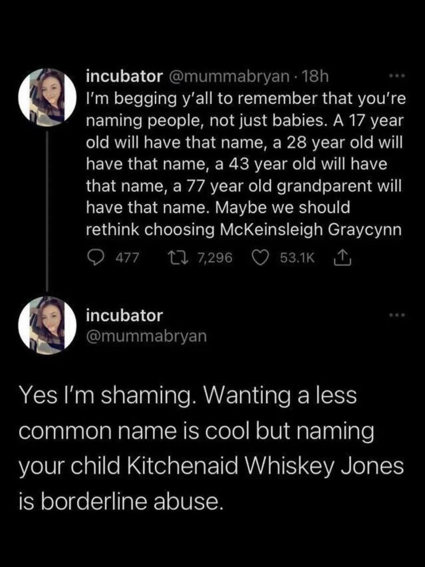Funny pic screenshot of tweets shaming parents for giving babies overly unique and burdensome names like "Kitchenaid Whiskey Jones."