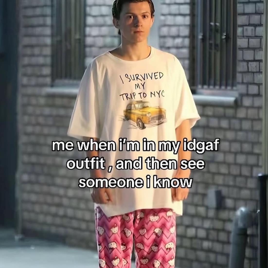 Tom Holland meme representing the awkward feeling of running into someone while wearing pajamas or comfy clothes.