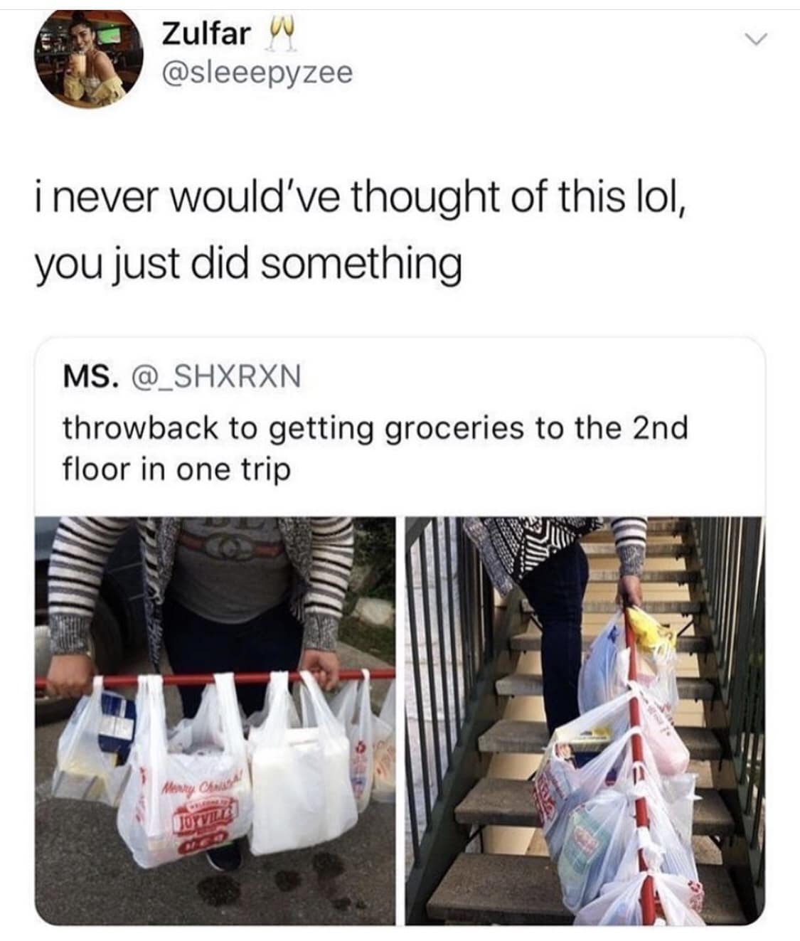 A clever life hack for carrying a large number of grocery bags in a single trip using a metal rod.