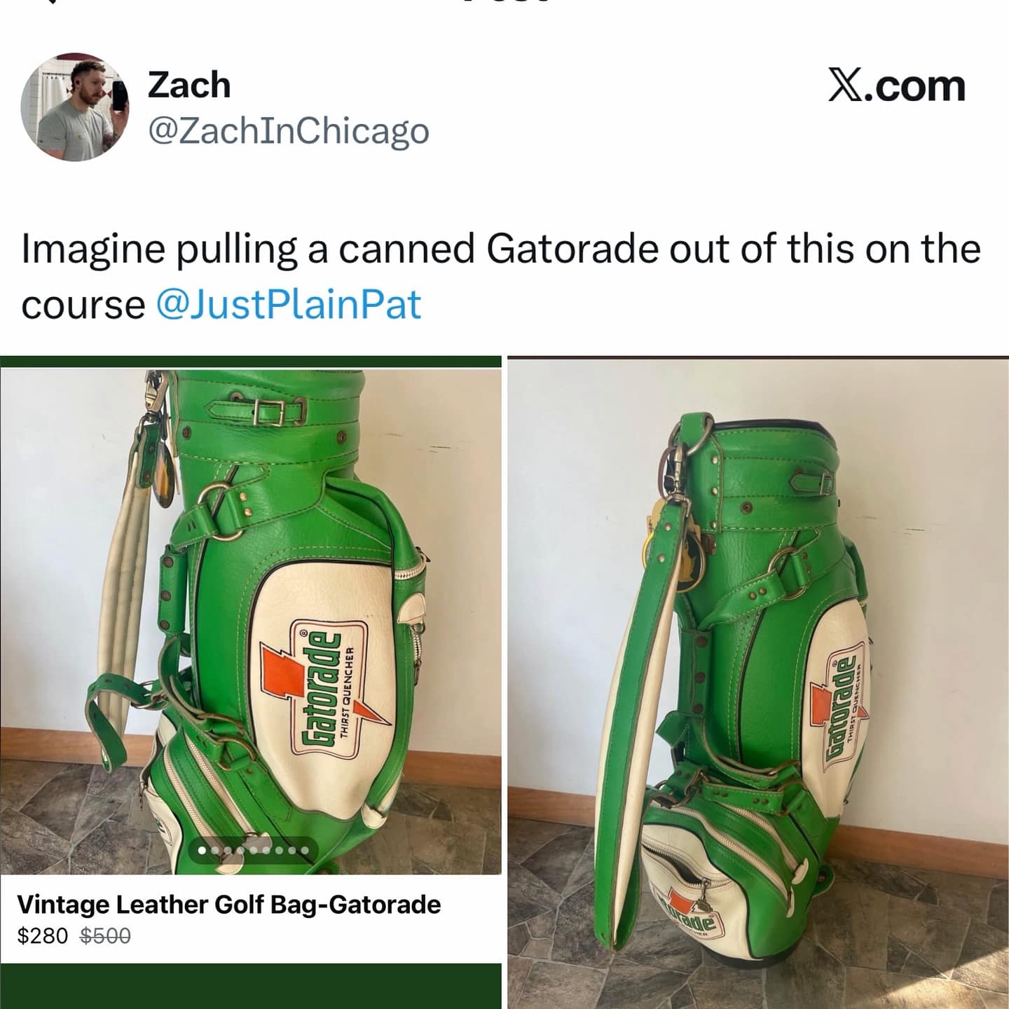 A cool vintage Gatorade-branded leather golf bag that would be the ultimate flex on the golf course.