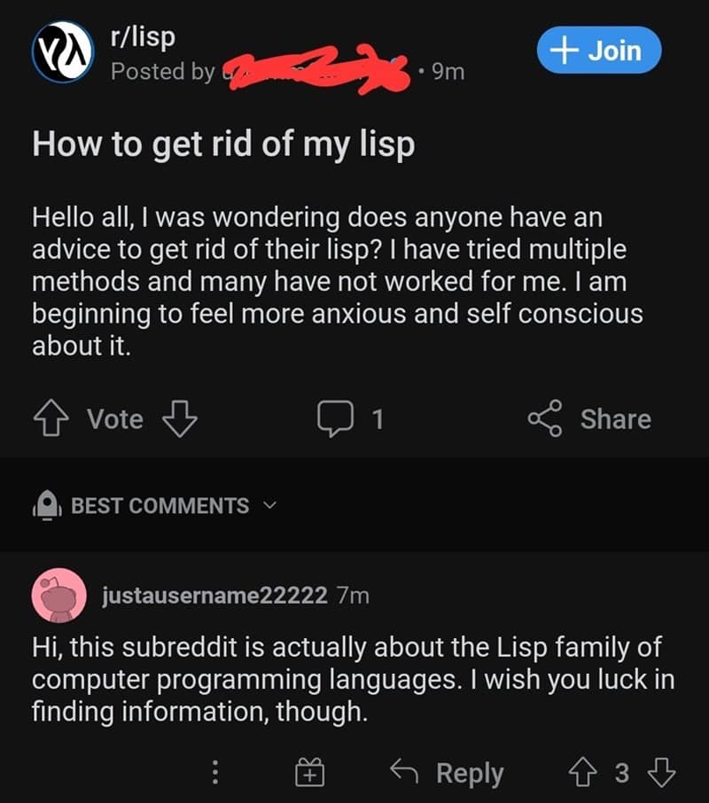 A funny Reddit post showing a wholesome misunderstanding in a subreddit for a programming language.