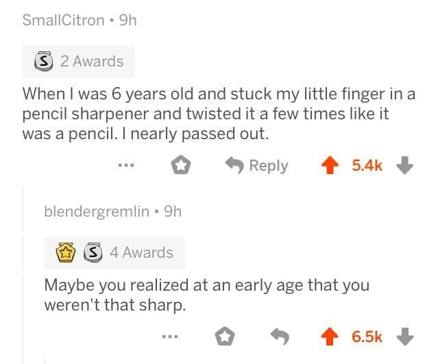 A funny Reddit post with a savage reply to someone's embarrassing childhood story.