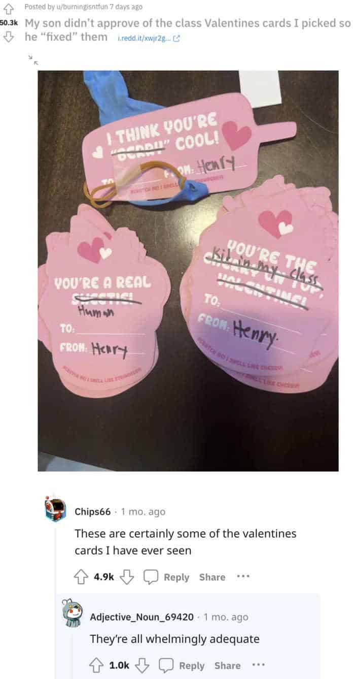 A funny Reddit post showing a kid's edgy and hilarious "fixed" Valentine's Day cards.