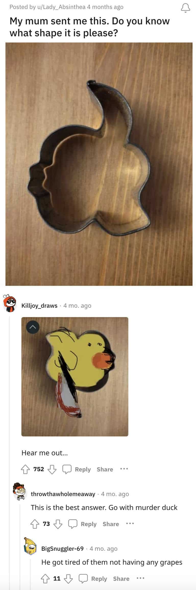 A funny Reddit post showcasing a creative and dark interpretation of a weirdly shaped cookie cutter.