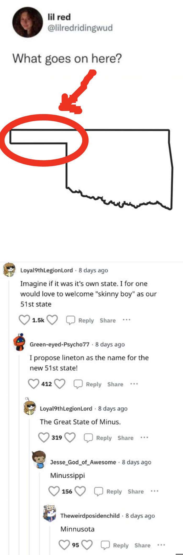 A funny Reddit post showing users coming up with hilarious names for the Oklahoma panhandle.