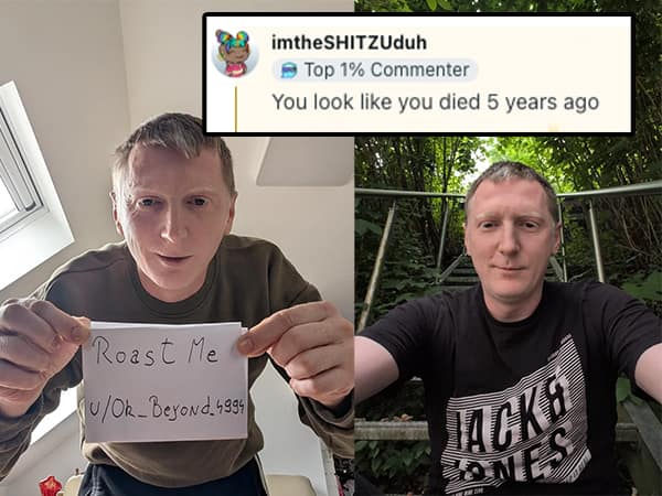 A pale man holding an r/RoastMe sign gets brutally roasted for looking like he died five years ago.