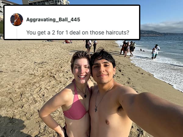 A couple on a beach taking a selfie gets roasted for appearing to have a 2-for-1 haircut deal.