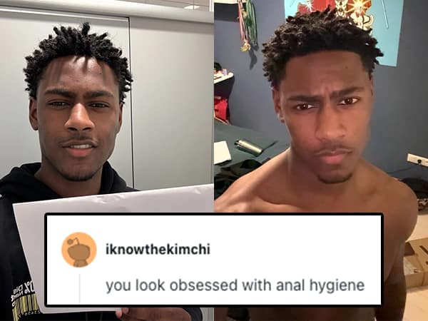 Young man holding an r/RoastMe sign receives a bizarre roast about looking obsessed with anal hygiene.