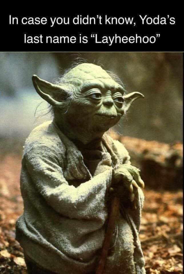 Funny sci fi meme revealing Yoda's fake last name as "Layheehoo" based on the famous song lyric.