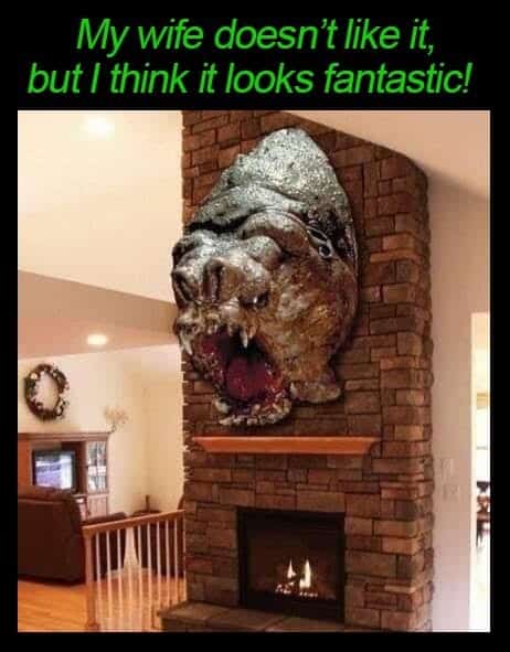 Funny sci fi meme showing a giant Ghostbusters Terror Dog head mounted above a fireplace like hunting trophy
