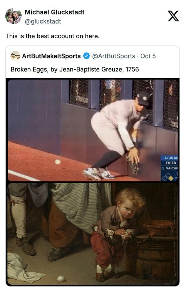 A funny sports meme that compares a baseball player dropping a ball to a 1756 classical painting called "Broken Eggs."