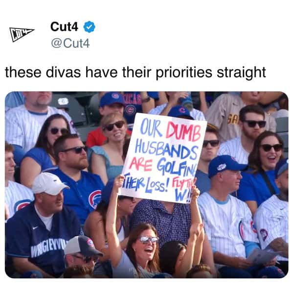 A funny sports meme showing a sign at a Cubs game from wives whose "dumb husbands are golfing."