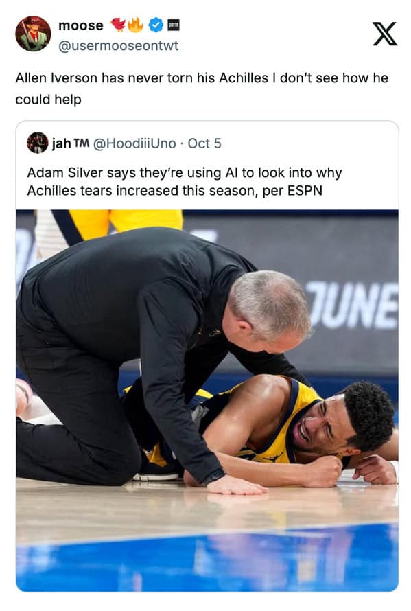 A funny sports tweet reacting to the NBA using AI to study Achilles tears by sarcastically suggesting they consult Allen Iverson.
