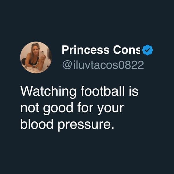 A simple and relatable funny sports tweet that says, "Watching football is not good for your blood pressure."