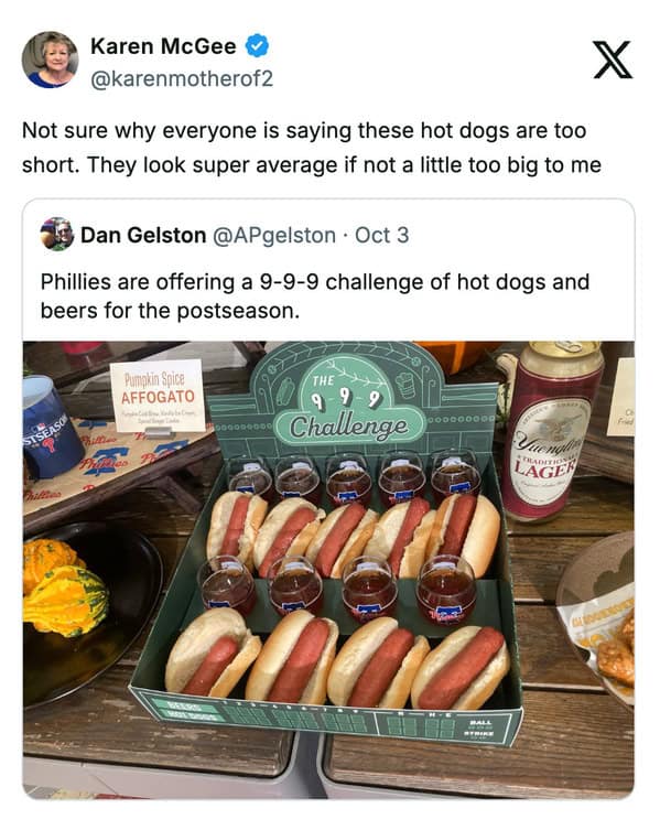 A funny sports tweet making a suggestive joke about the Phillies' "9-9-9 challenge" promotion for the postseason.
