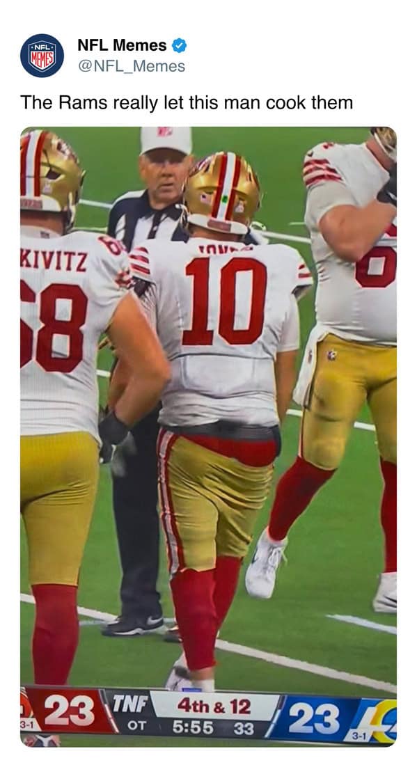 A funny sports meme roasting a San Francisco 49ers player for his very ill-fitting uniform.
